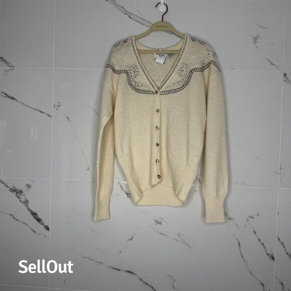 Vintage Marisa Christina Ivory Embellished Beaded Cardigan Sweater sz S - Picture 1 of 6